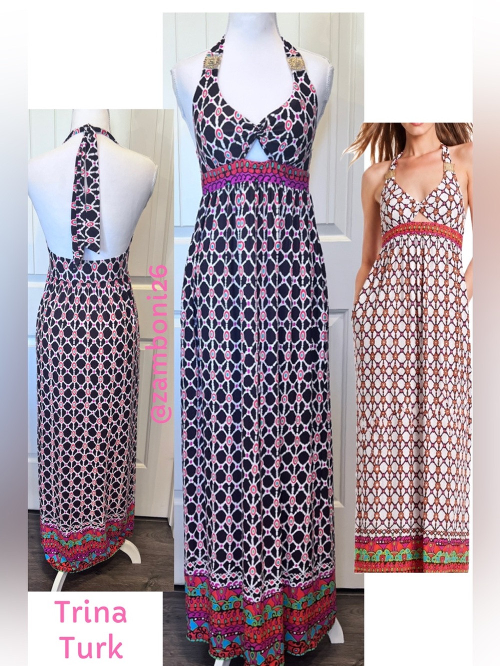 Trina Turk Venice Beach halter maxi dress geometric print gold hardware pockets